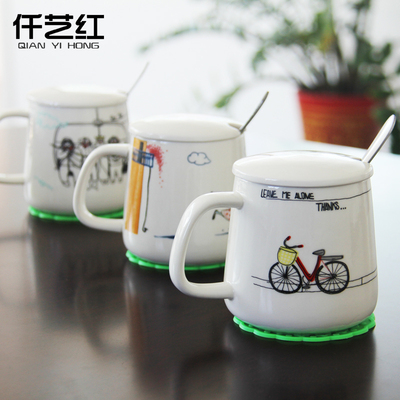 仟艺红 杯子陶瓷马克杯带盖勺牛奶咖啡杯创意茶杯情侣办公水杯