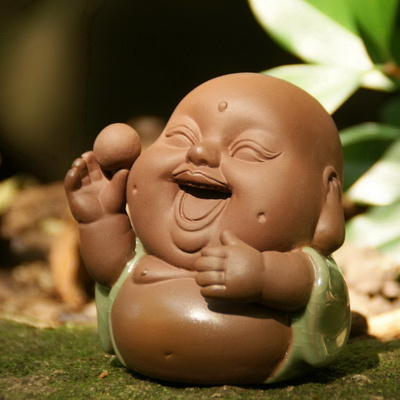 仟艺红哥窑茶宠 哈哈佛 茶盘摆件特价可养开片弥勒佛摆件汝窑茶玩